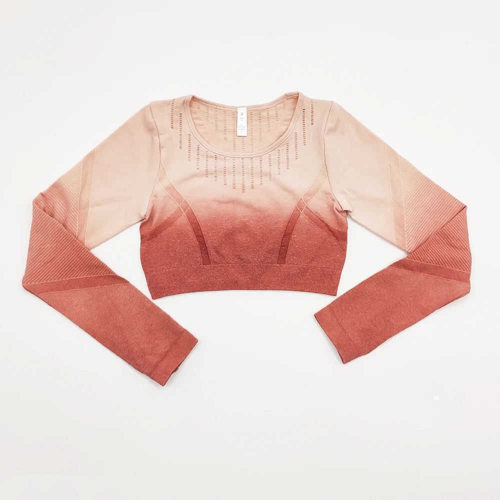 Ombre Seamless Yoga Set: Stylish Leggings, Crop Top & Sports Bra - FigureVerse