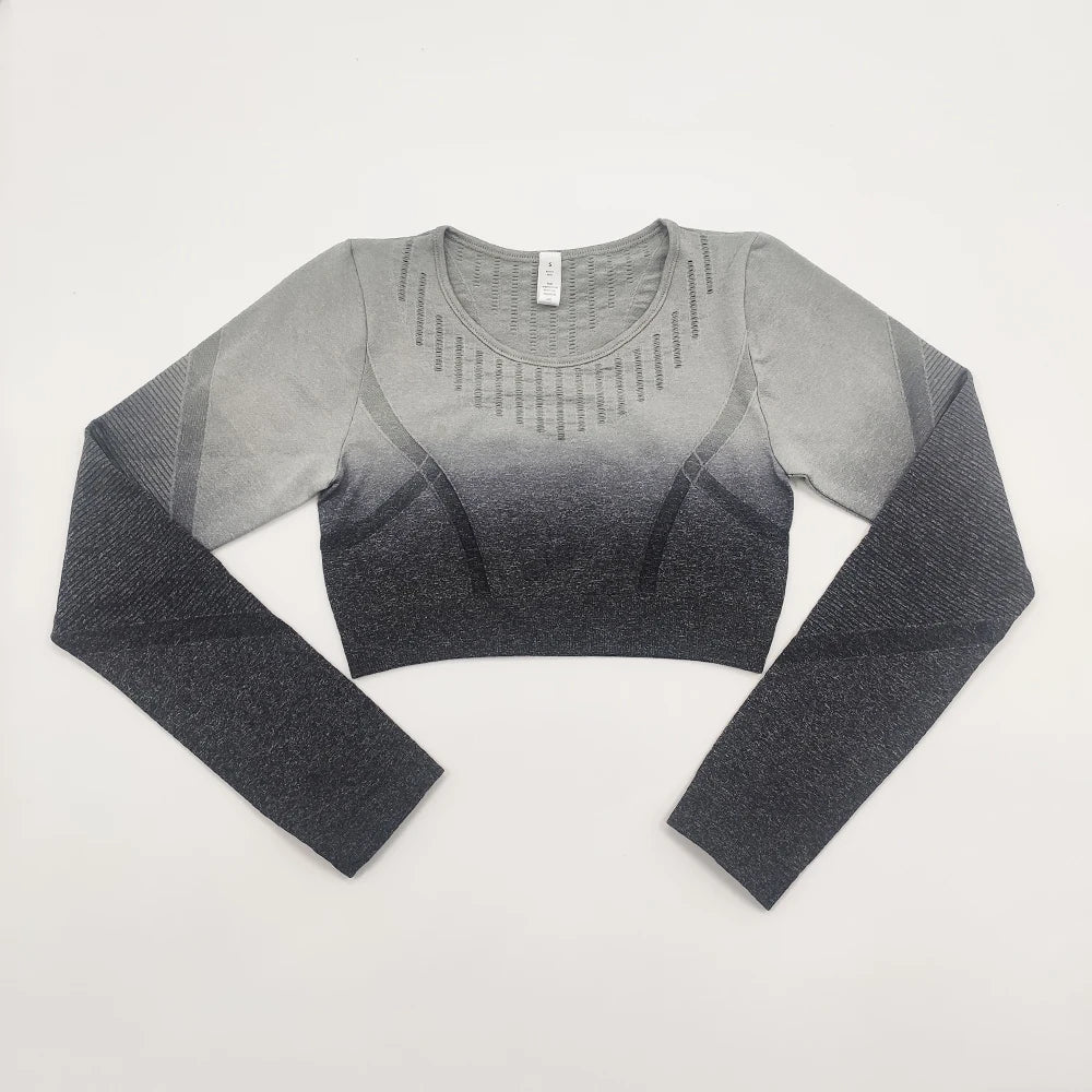Ombre Seamless Yoga Set: Stylish Leggings, Crop Top & Sports Bra - FigureVerse